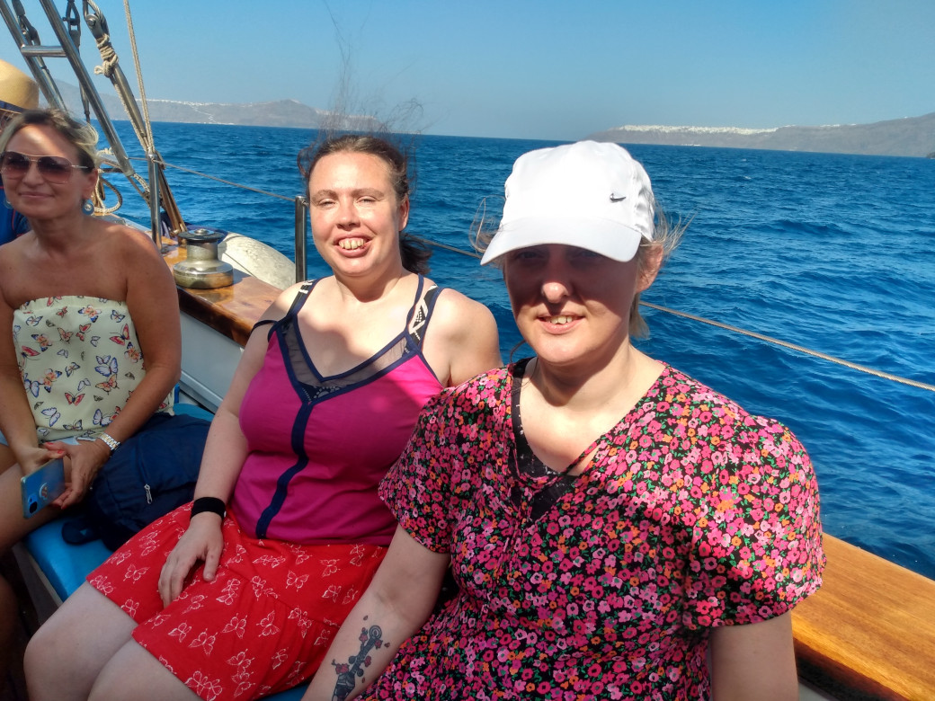 Sam and Tara on the boat to the volcano